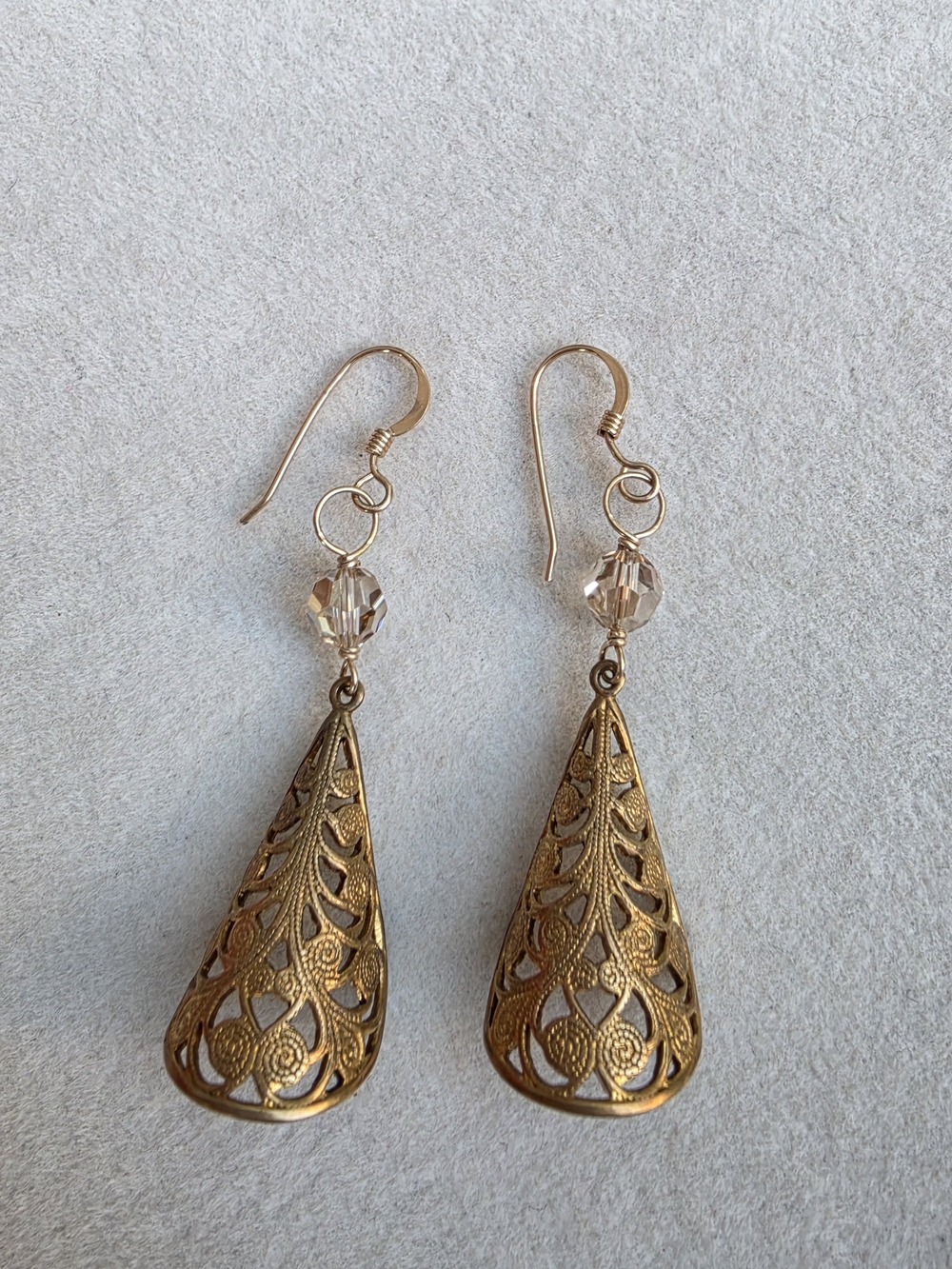 Gold Filled Hooks Brass Filigree Teardrop Dangle Earrings Crystal Accent • 3.65g